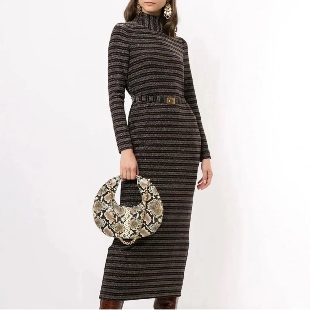 NEW Tory Burch Metallic Stripe Mock Neck Midi Dress Size XS Black-Multi